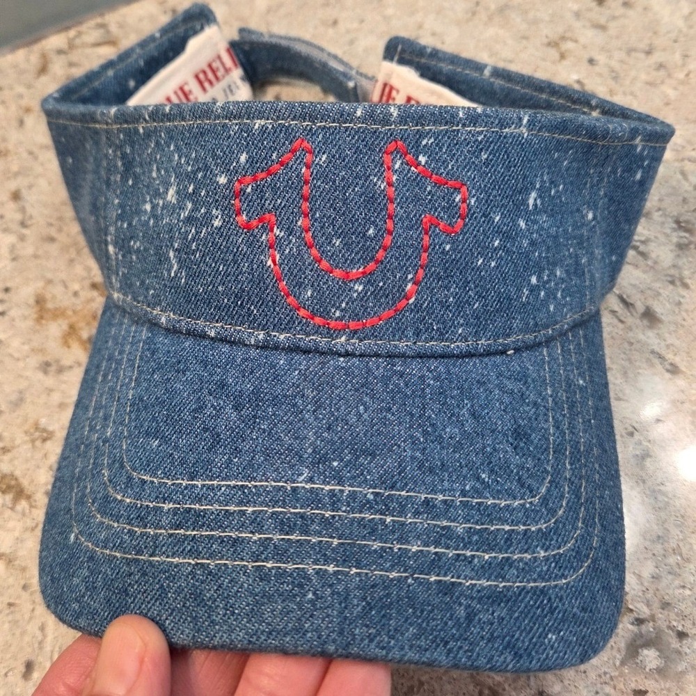 True Religion Denim Visor Blue Paint Splatter Red Horseshoe Logo Adjustable Hat